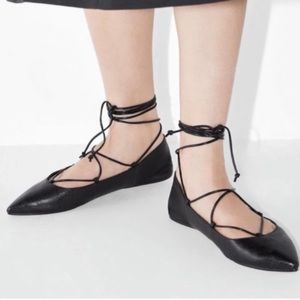 Zara NWT black pointed toe tie ballet flats